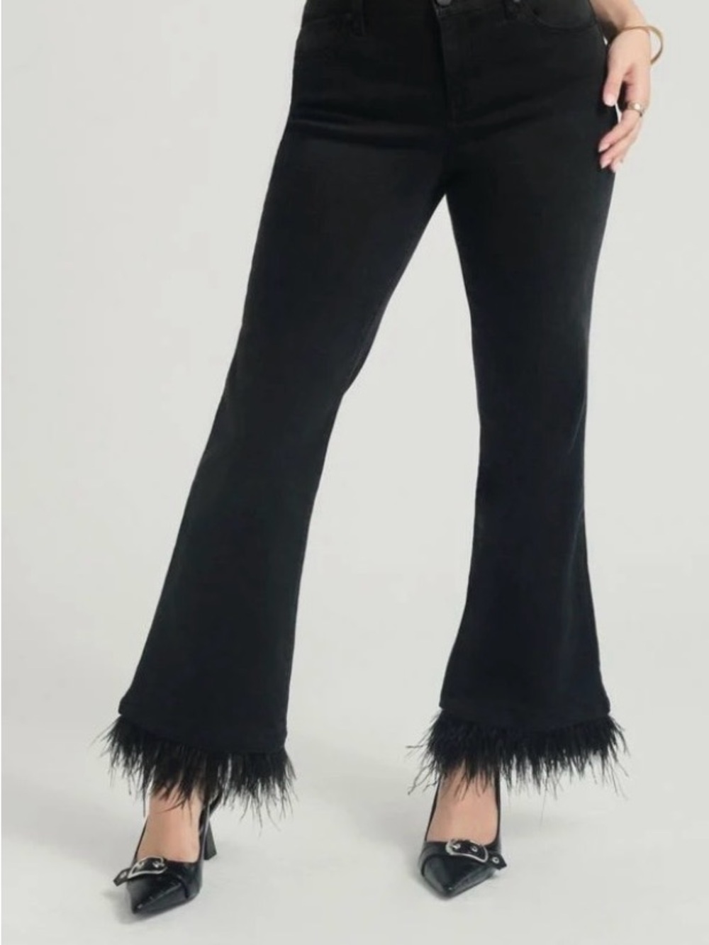 Black Feather-Hem High Rise Straight Leg Jeans